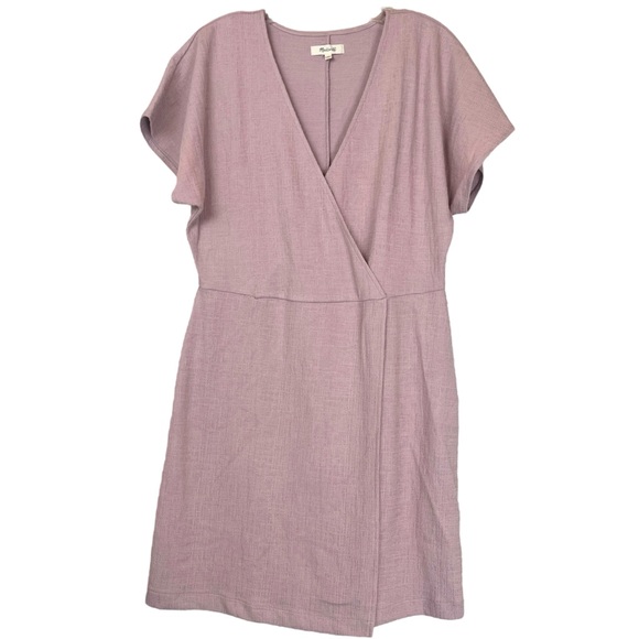 Madewell Texture & Thread Mini Flutter Sleeve Faux Wrap Dress in Warm Thistle Lg - Picture 3 of 6